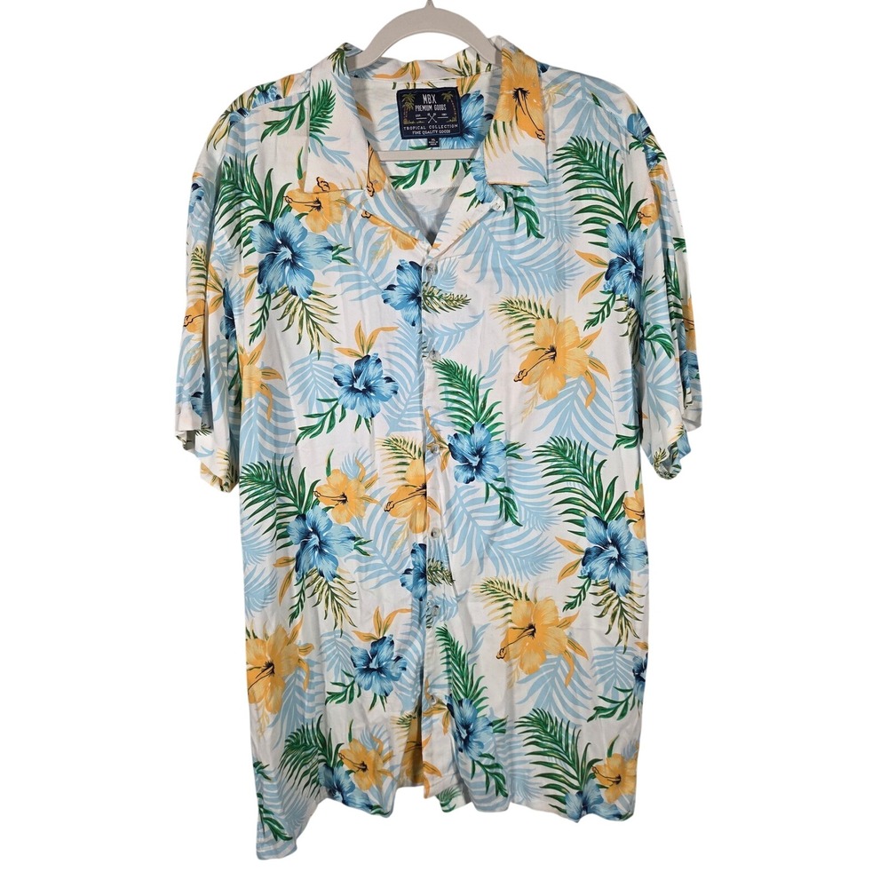 MBX Premium Goods Mens XL Tropical Floral Viscose‎ Button Up Shirt Blue Yellow